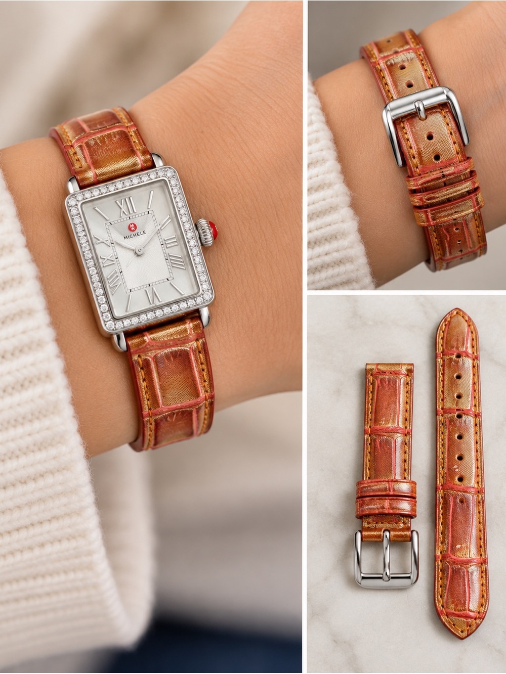 Michele Genuine Alligator Leather Watch Band Orange Metallic 18mm